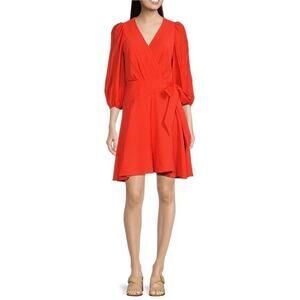 Alex Marie Chasing Sunset Orange Enola Surplice V-Neck 3/4 Sleeve Wrap Dress NWT